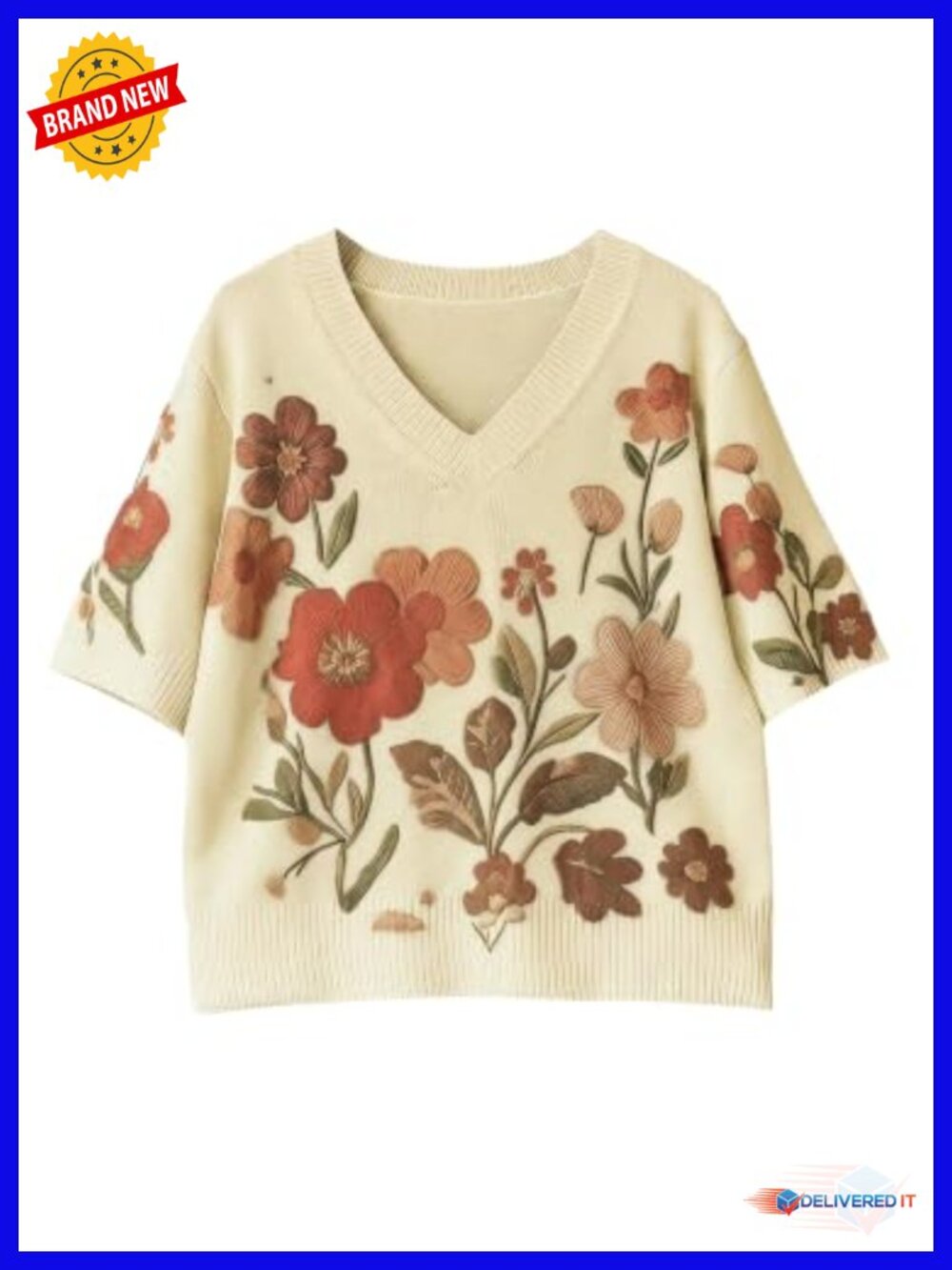 Women's Boho Floral Knit Pullover Sweater V-Neck Half Sleeve Lightweight Beach